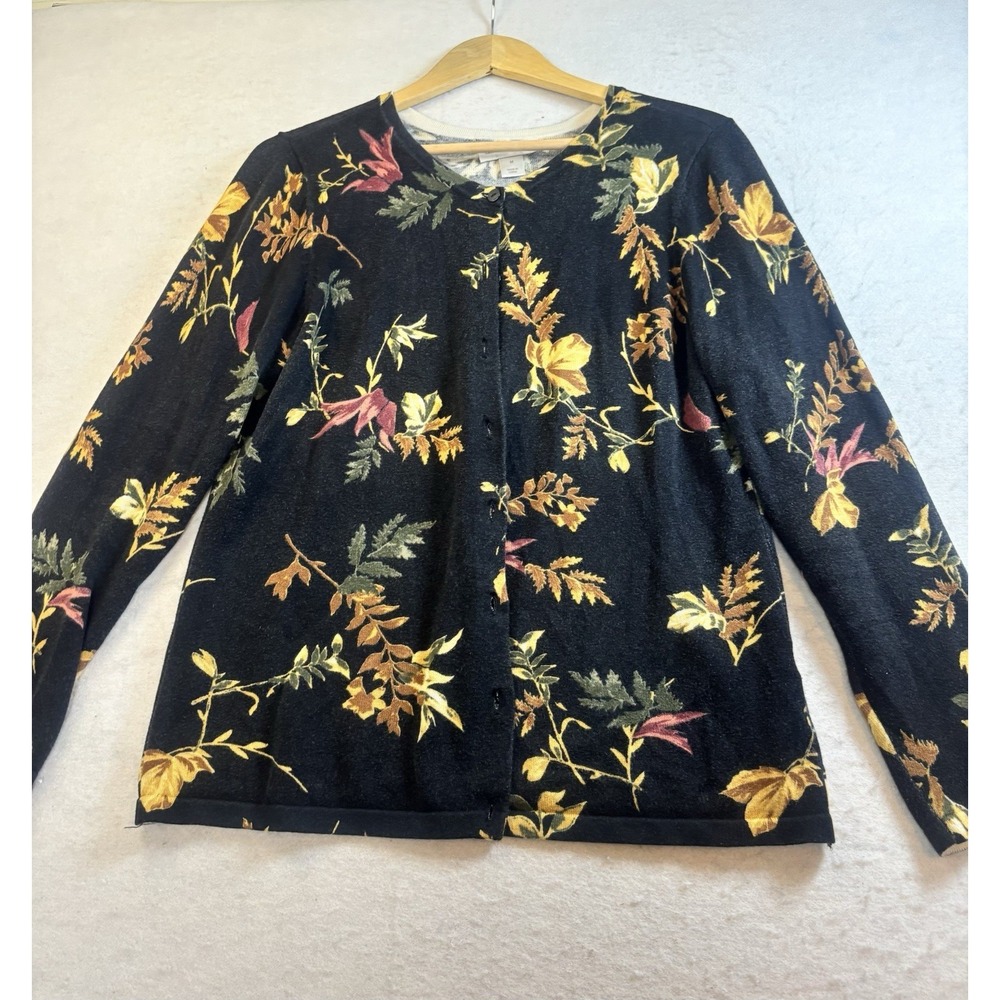Christopher & Banks Womens M Fall Leaf Print Button Front Cardigan Sweater Black